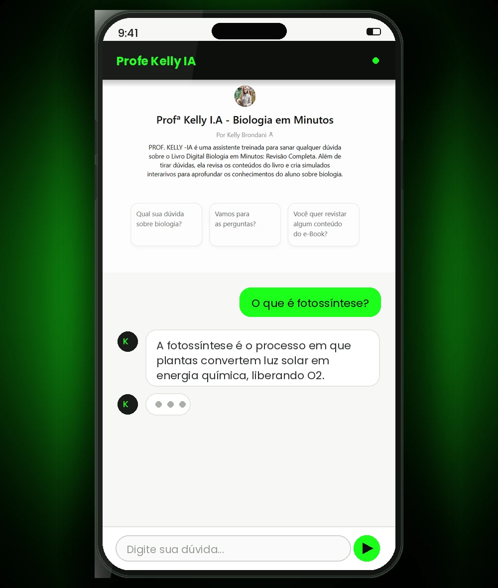 Demonstração da Profe Kelly IA respondendo dúvidas de Biologia no celular